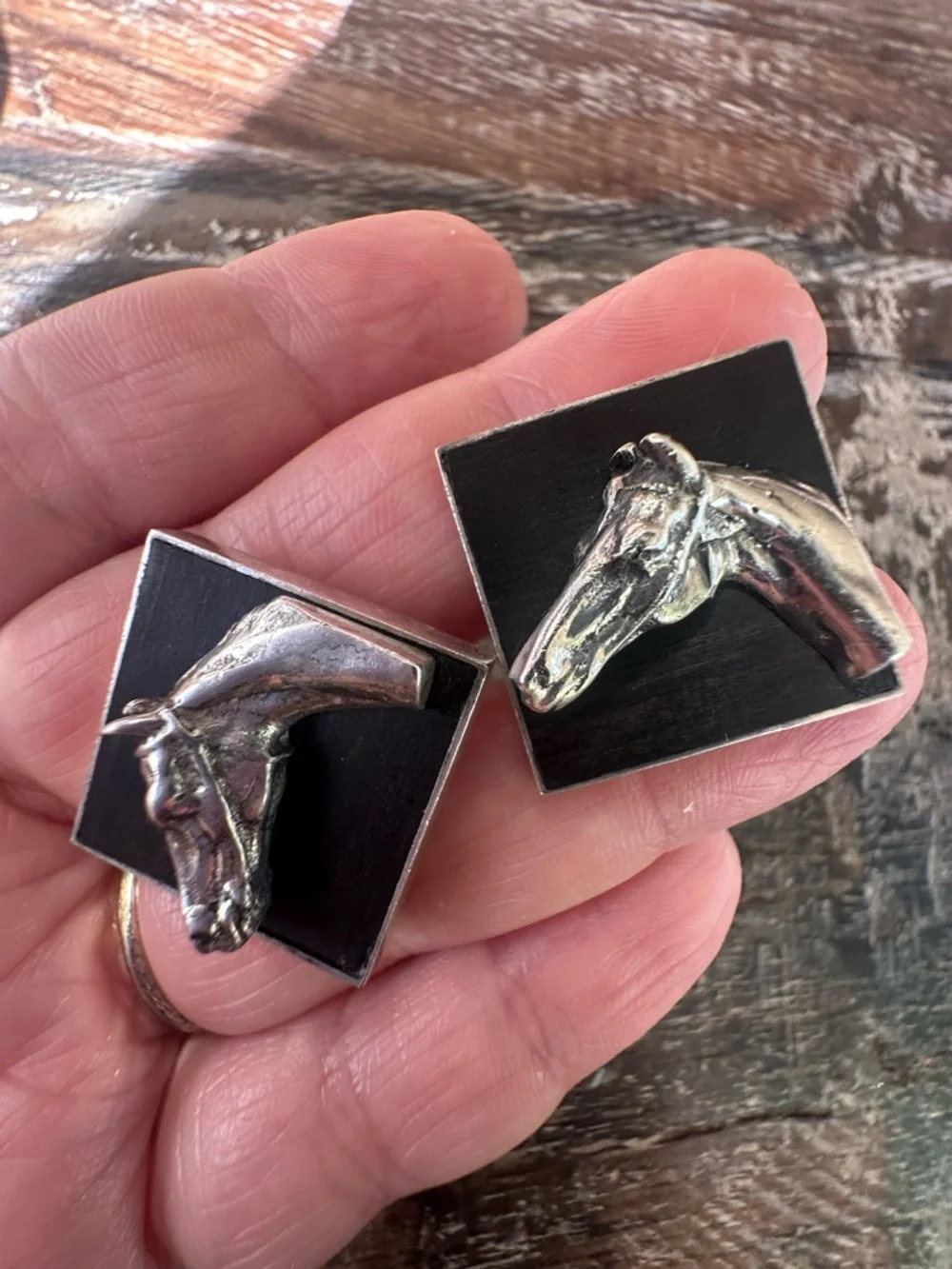 Fenwick & Sailors Horse Cufflinks Sterling Silver Ebony Wood MCM Equestrian Vtg